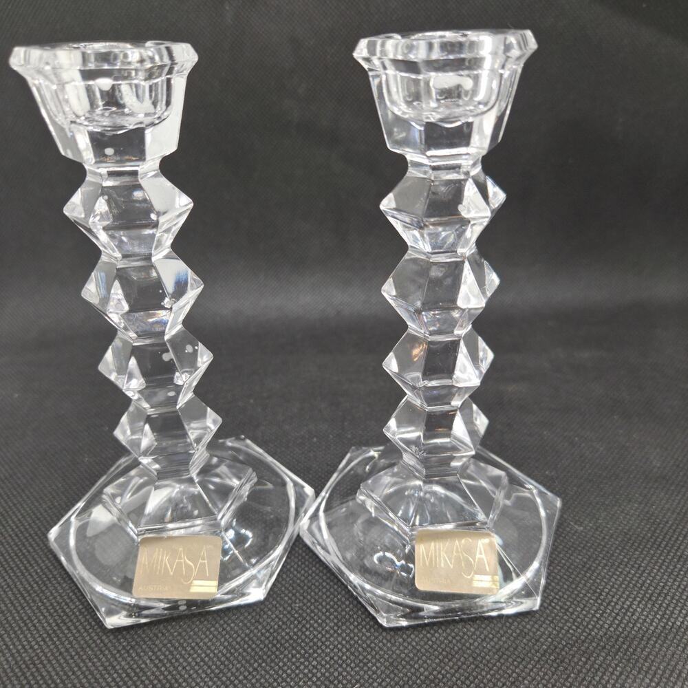 Mikasa Jewelstone Crystal Candle Holders 5.5" Austria With Original Stickers